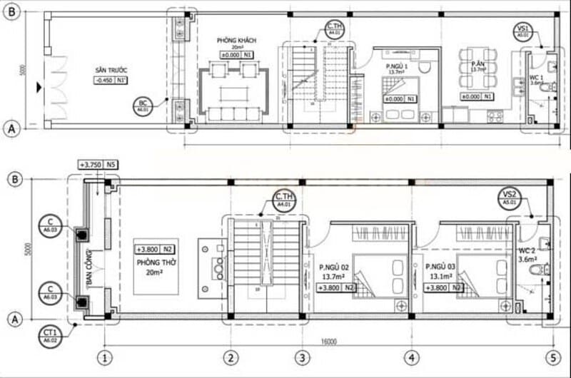 Bố trí công năng mẫu nhà 2 tầng 3 phòng ngủ 5x16m siêu tiện lợi