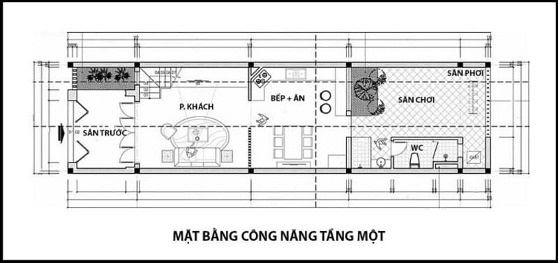 Bố trí công năng tầng 1 mẫu nhà 2 tầng 3 phòng ngủ 5x16m hiện đại sang trọng 