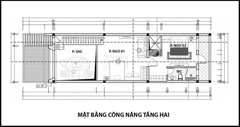 Bố trí công năng tầng 2 mẫu nhà 2 tầng 3 phòng ngủ 5x16m hiện đại