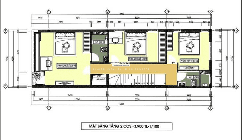 Mặt bằng công năng tầng 2 của mẫu nhà 1 trệt 2 lầu 5x15m tiện nghi tại Đà Nẵng