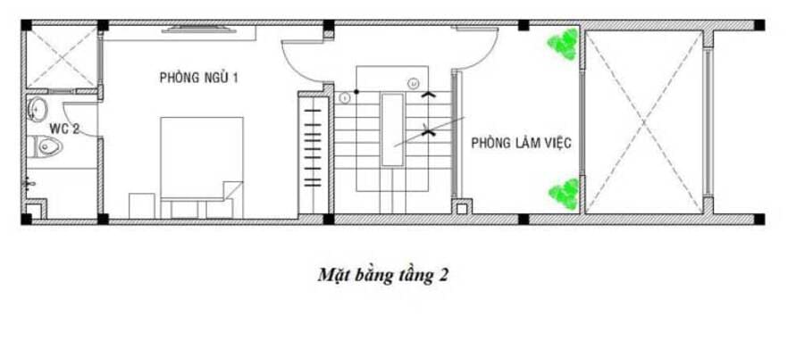 Mặt bằng không gian tầng 2 của mẫu nhà đẹp 4 tầng 