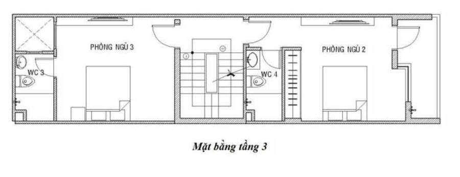 Mặt bằng không gian tầng 3 của mẫu nhà đẹp 4 tầng 