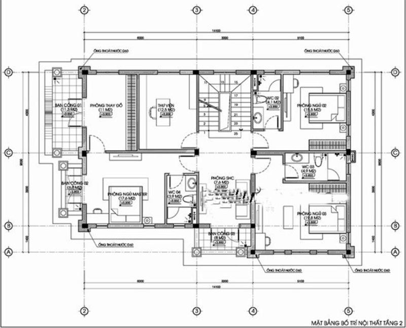 Ví dụ công năng tầng 2 của mẫu biệt thự tân cổ điển 3 tầng 150m2